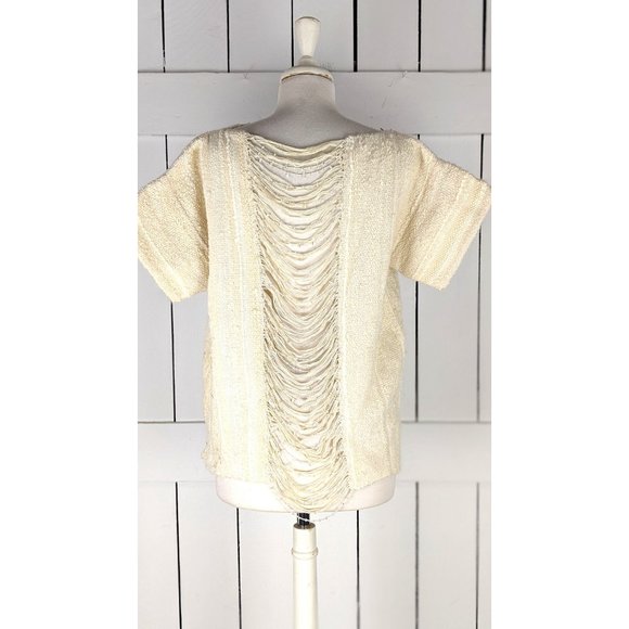 Vintage ivory chunky striped sequin knit sheer string beaded back pullover sweat - Picture 9 of 10